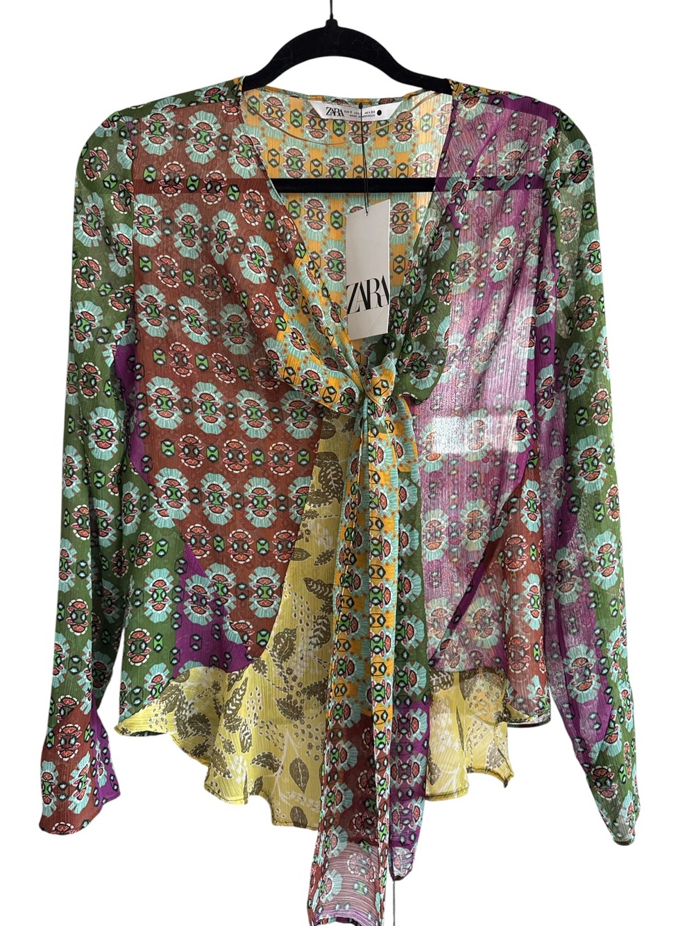 Zara Multicolor Floral-Print Sheer Tie-Neck Blouse